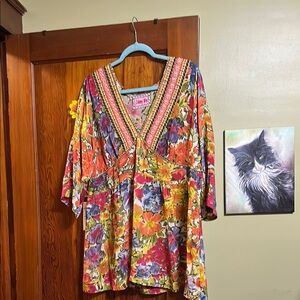 Johnny Was Orange Pink Graphic Tunic 3/4 Sleeve